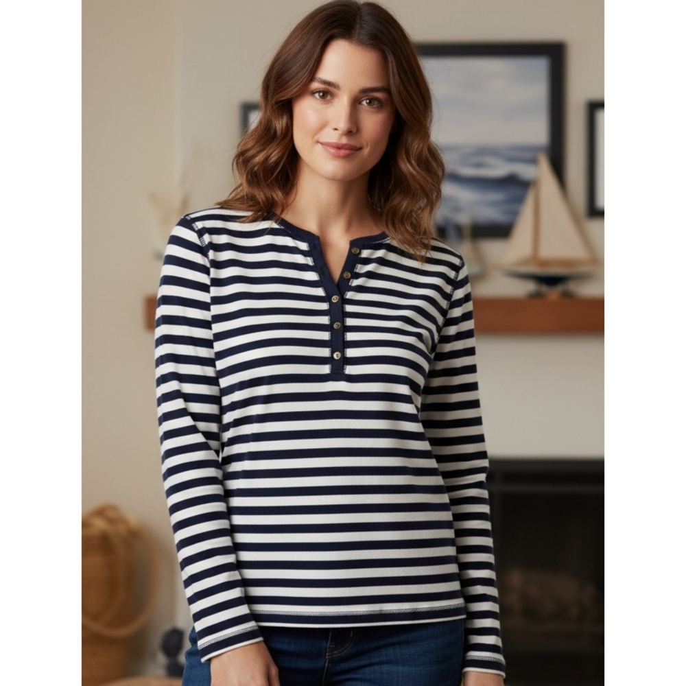 Chaps Long sleeve Striped Henley top Navy & White Size M